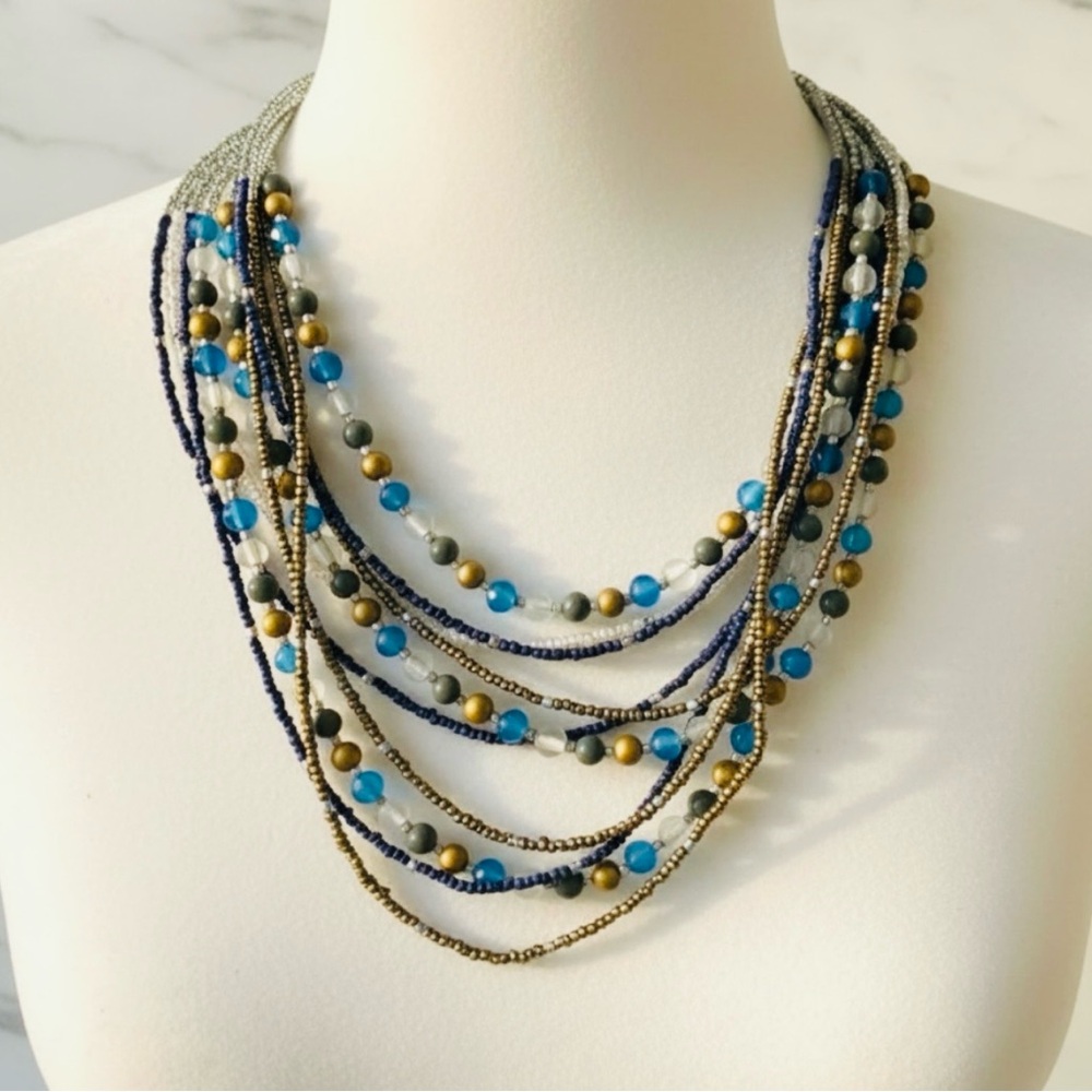 Vintage Egypt-Inspired Statement Necklace | Layered Turquoise Navy Gold Beads - Picture 12 of 12